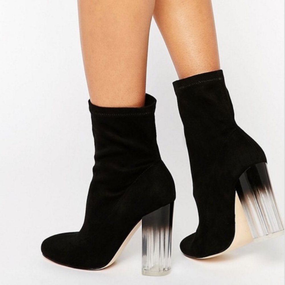 Black Suede Sock Booties with Acrylic Heel